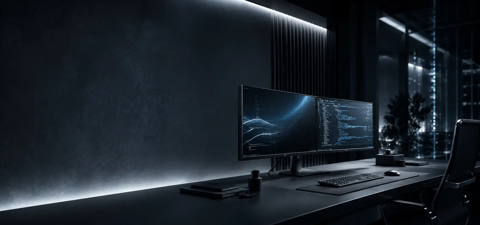 Moderne Arbeitsumgebung für Softwareentwicklung mit zwei Monitoren und Programmierumgebung